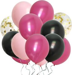 a bunch of balloons with gold confetti and black, pink, and white balloons