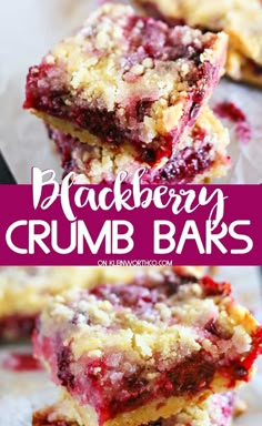 raspberry crumb bars stacked on top of each other with text overlay