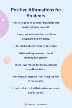 a poem written in front of a blue background that says positive affirmmations for students