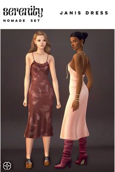 two women standing next to each other in dresses and boots with the caption serenity nomade set