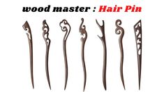 several different types of hair pins with the words wood master written on them in red