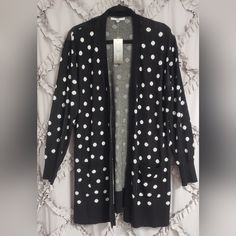 This Cardigan Sweater Is So Cute. Black And White Cardigan Polka Dot Duster Sweater Which Comes To My Knees. Has Two Pockets, One On Each Side. Would Be Nice With Leggings Or Jeggings. Casual Polka Dot Outerwear For Spring, Polka Dot Long Sleeve Winter Outerwear, Camal And Black Polka Dot Sweater, Black And White Cardigans, Sweater Duster, Polka Dot Sweater, White Cardigan, Jeggings, Sweater Sizes