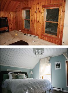 two pictures of a bedroom with wood paneling on the walls