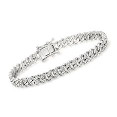 Ross-Simons - 1.40ct t. w. Pave Cubic Zirconia Cuban-Link Bracelet in Silver. 7.5". Get the look for less! Always a fabulous choice, this ultra-style Cuban-link bracelet shines with 1.40 ct. t. w. pave CZs in polished sterling silver. Wear it solo or mixed with a few other favorites for an ample, eye-catching look on the wrist. Double-latch safety. Box clasp, CZ Cuban-link bracelet. CZ weights are diamond equivalents. Silver Diamond Cuban Link Bracelet, Cuban Link Bracelet, Safety Box, Bracelet In Silver, Prom Inspo, Circle Pendant Necklace, Box Clasp, Cz Jewelry, Station Necklace