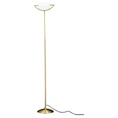 a gold floor lamp with a white light on the top and a black cord attached to it