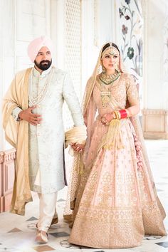 Day Wedding Indian Outfit Bride, Bride And Groom Indian Wedding Outfit Pink, Pastel Bride And Groom Indian, Pink Bridal Lehenga With Groom, Sabyasachi Groom Sherwani, Shervani Latest Design For Groom, Sabyasachi Bride And Groom, Pink Sherwani For Groom, Sikh Groom Outfit