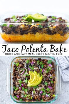 taco pokenta bake in a glass casserole dish with avocado on top