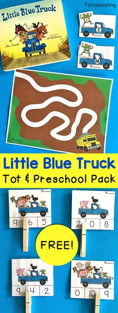 a blue table with cars and trucks on it that says little blue truck tot preschool pack