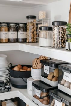 an organized pantry with lots of food items