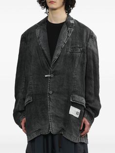 Find MIHARA YASUHIRO Faded Effect Linen Jacket on Editorialist. black linen/flax faded effect classic lapels logo patch at the lapel front button fastening dart detailing chest welt pocket two front flap pockets logo patch to the front long sleeves seam detailing straight hem Linen Jacket, Black Linen, Dart, Welt Pocket, Patch Logo, 50 %, Top Brands, Long Sleeves, Luxury Fashion