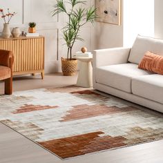 a living room filled with furniture and a rug on top of a hard wood floor