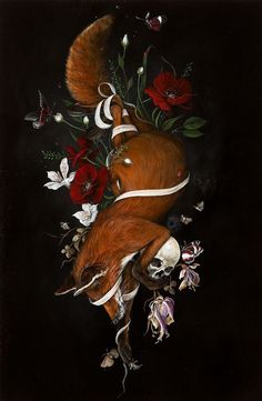 a painting of a fox with flowers on it's back