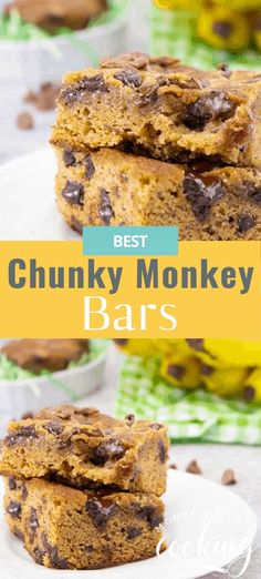 the best chunky monkey bars are stacked on top of each other with chocolate chips