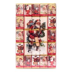 a christmas card with santa claus and other holiday items on the front, surrounded by smaller cards