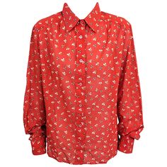 Celine forever celebrates the Bon Chic Bon Genre style of classical Parisian girl prettiness. Classic semisheer cotton batiste "mens" shirt strewn with colorful bumble bees and pin wheels by Celine, Paris on a tomato red ground. Classic styling with button front 1970s France. Mother of pearl Celine buttons. Excellent condition. Size 46 Vintage. Celine Paris, Phoebe Philo, Logo Shirt, Bumble Bee, Jet Set, Printed Cotton, Shirt Blouses, Mens Shirts, Fashion Outfits