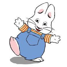 a cartoon rabbit in overalls with his arms out and eyes wide open, standing on one leg