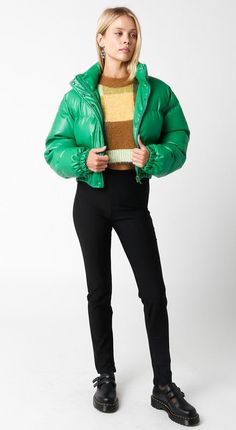 Our Faux Leather Puffer Jacket features a zipper front and pockets. Woven. Fabric Contents 55%POLYESTER 45%PU Green Puffer, Leather Puffer Jacket, Hair Socks, Overalls Pants, Casual Bodysuit, Baby Pajamas, Puffer Coat, Hat Hairstyles, Denim Pants