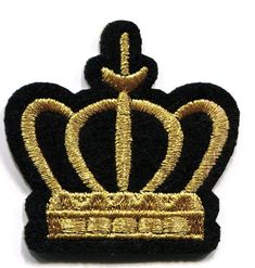 a black and gold crown patch on a white background