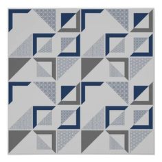 a gray and blue geometric design on a white background with grey squares in the middle