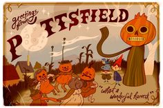 an old fashioned halloween poster with pumpkins and witches