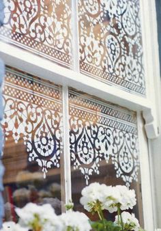 white flowers sitting in front of a window