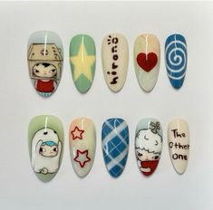 By @kaitllee_nails on ig Ponyo Inspired Nails, Shin Chan Nails, Badtz Maru Nails, Juminocore Nails, Pucca Nails, Manhwa Nails, Shoujo Nails, Moomin Nails, Gravity Falls Nails