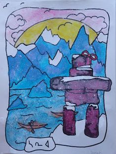 a drawing of a bear standing on top of a snow covered ground with mountains in the background