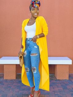 Material:?Cotton, 80-90% Polyester & Spandex. Features:?Long sleeves, solid color, asymmetrical hem, loose cardigan.Style: Casual Mustard Jacket, Mode Kimono, Style Casual Chic, Afrikaanse Mode, Looks Chic, Ripped Jeans, Look Fashion, Classy Outfits, African Fashion