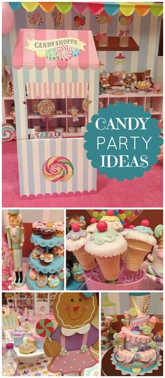 the candy party is set up with cupcakes and cakes