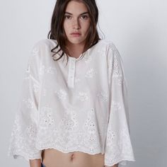 Size L. Semi Sheer Very Cute Cotton Top. Classic Boho Style. Feminine Embroidered Tops For Daywear, Summer Long Sleeve Top With Broderie Anglaise, Spring Long Sleeve Embroidered Top With Broderie Anglaise, Spring Cropped Top With Broderie Anglaise, Feminine Spring Tops With Chikankari Embroidery, Feminine Chikankari Embroidered Tops For Spring, Feminine Chikankari Embroidery Tops For Spring, Feminine Chikankari Tops For Spring, Zara Long Sleeve Embroidered Top For Summer