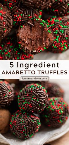 chocolate truffles with red and green sprinkles are on a white plate