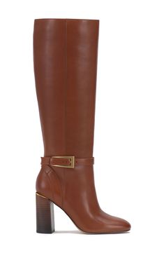 Gleaming goldtone hardware accentuates the slim ankle straps of a knee-high boot shaped from smooth, rich leather. 3 1/2" heel Side zip closure 15 1/4" shaft; 15" regular calf circumference 15 1/4" shaft; 16" wide calf circumference 15 1/4" shaft; 17 1/4" extrawide calf circumference Leather upper/synthetic lining and sole Imported Flat Platform Sandals, Leather Belt Buckle, Brown Knee High Boots, Holiday Shoes, Wide Calf Boots, Buckle Shoes, Wide Calf, Ankle Straps, Tall Boots