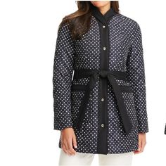 True To Size A Charming Polka Dot Print Adorns This Midweight Quilted Jacket Crafted With Domed Snaps, A Flattering Waist Tie And Handy Patch Pockets. 22" Armpit To Armpit 32" Length Shawl Collar Removable Belt Lined, With 100% Polyester Fill 100% Polyester Machine Wash, Line Dry Imported Dark Pink Jacket, Kate Spade Coat, Quilted Anorak, Military Jacket Green, Black Peplum, Trench Coat Black, Belted Coat, Wool Blend Coat, Polka Dot Print