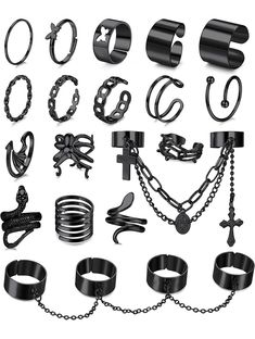 ▶GOTHIC PUNK CHAIN RINGS◀You will get 18 pcs of punk chain finger rings. Include butterfly rings, cross chain rings, 4 band chain ring, virgin mary chain rings, snake rings, etc. Which are cool and novel, sufficient for you to wear and replace in daily life, you can also share some of them with your friends or families. ▶GOTHIC RING SET◀The gothic ring set is made of high quality alloy with smooth inner surface, strong and durable, comfortable to wear. Adjustable rings size-you can wear t... Adjustable Emo Rings, Chain Rings Men, Gothic Hand Jewelry, Emo Rings Men, Y2k Rings Men, Black Metal Grunge Rings, Grunge Black Metal Rings, Grunge Style Black Metal Rings, Black Punk Style Open Ring Jewelry