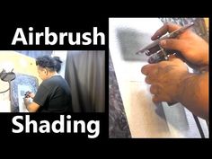 two pictures with the words airbrush shading and an image of a man using a hair dryer