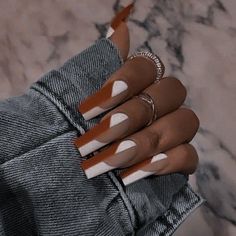 French Tip Nails Fall Colors, Fall Nail Designs Black Women, Fall Nail Colors Black Women, Tan Nails Design, Boho Chic Nails Designs, Boho Fall Nails, Brown And White Nails, Tan Nails