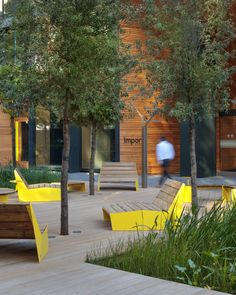 some benches and trees in front of a building