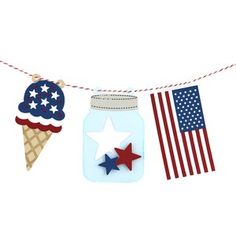 an american flag, ice cream and stars on a bunting line with mason jars