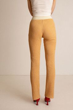 High rise straight leg pant in a lightweight, gingham fabric. Contrasting elastic waistband. Gingham fabric 69% polyester, 30% cotton, and 1% polyurethane. Ella is 6' tall, 35" bust, 26" waist, 36" hip, and is wearing a size XS. Chic Gingham Cotton Bottoms, Fall Gingham Cotton Pants, Red Gingham Pants, Summer Gingham Loungewear Bottoms, Fitted Gingham High-waisted Pants, Gingham Pants, Gingham Fabric, Line Design, Sale Design