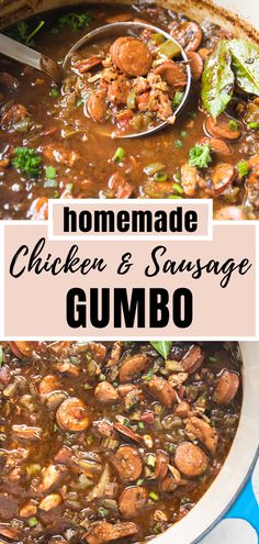 homemade chicken and sausage gumbo recipe in a pot with spoons on the side