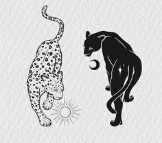 two black and white cheetah silhouettes, one with the moon in its mouth