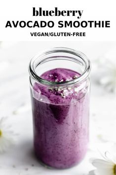 blueberry avocado smoothie in a mason jar with the text vegan / gluten - free