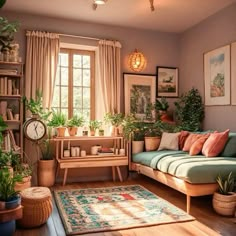 a living room filled with furniture and lots of plants