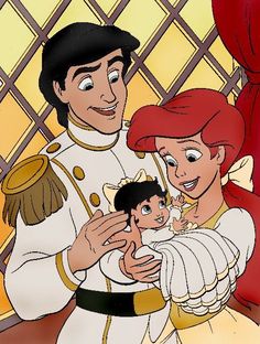 the little mermaid and prince are holding their baby