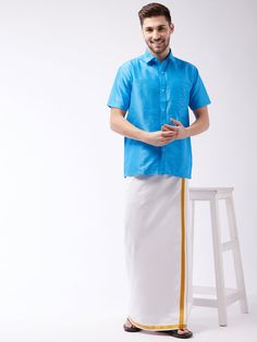 vastramay mens aqua blue and white silk blend shirt and mundu Traditional Blue Fitted Shirt, Traditional Fitted Blue Shirt, Traditional Fit Short Sleeve Shirt, Traditional Blue Shirt For Summer, Traditional Blue Summer Shirt, Festive Wedding, Aqua Blue Color, Wedding Top, Color Aqua