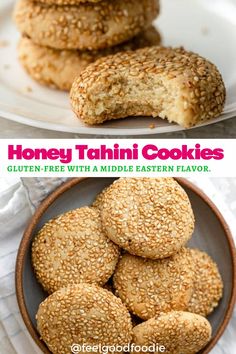 honey tahini cookies in a bowl and on a plate with the words gluten - free with a middle eastern flavor