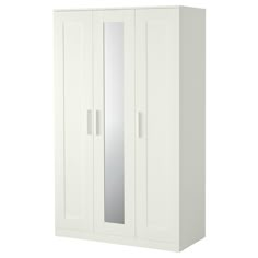 a white armoire with mirrored doors on the front and side panels, against a white background