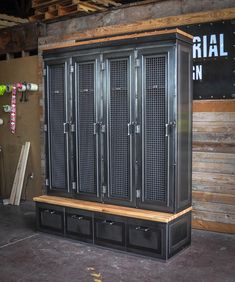 a large metal locker sitting inside of a building