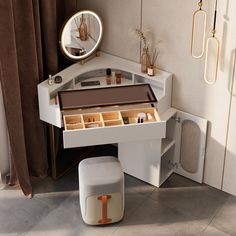 a white vanity with an open drawer and mirror on the wall next to a stool