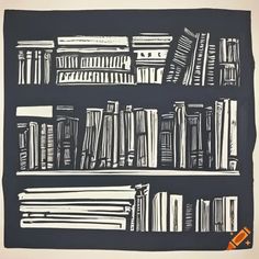 a black and white drawing of bookshelves